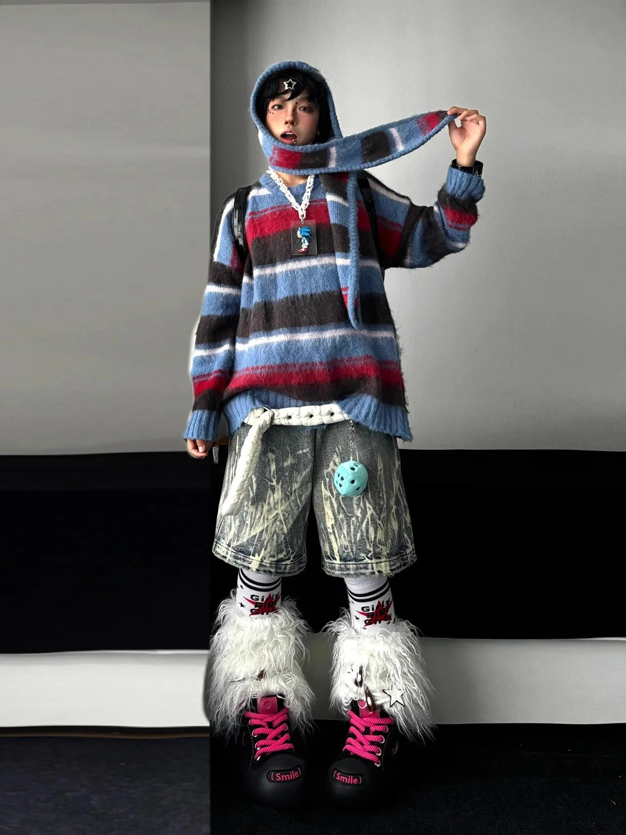 Genayooa Vintage Sweater Women Warm Patchwork Striped Pullovers Streetwear Y2k Japanese Sweaters With Hooded American Retro 90s 241223