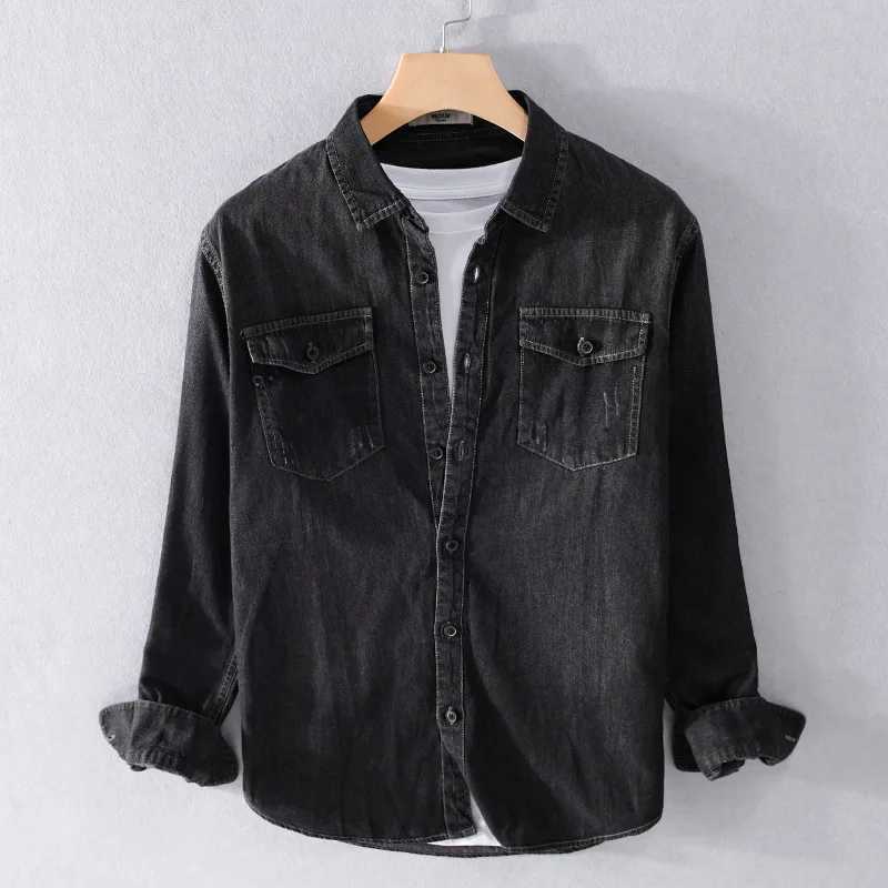 Black washed denim shirt mens clothing cotton casual clothing retro messy jeans top long sleeved cargo loose oversized fashion W241223