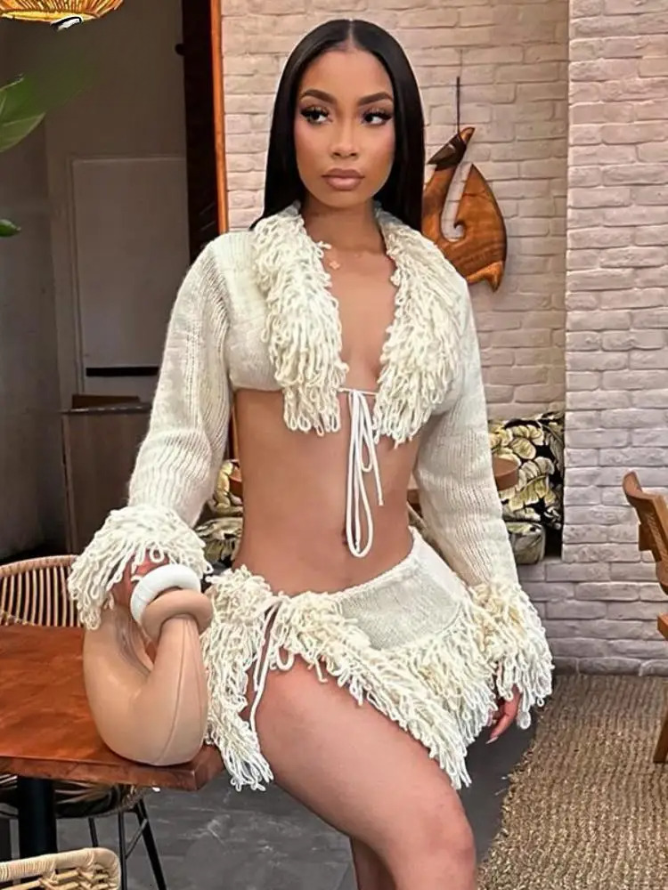 Joskaa Knitted Tassels 2 Piece Sets Women Hipster Sexy Long Sleeve Lace-Up Cardigan Tops And Mini Skirts Matching Party Clubwear