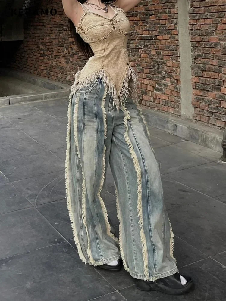 Womens Washed Y2K Baggy Japanese 2000s Denim Trouser Vintage Casual Tassels Pants Female Street Trashy Retro High Waist Jeans 241223