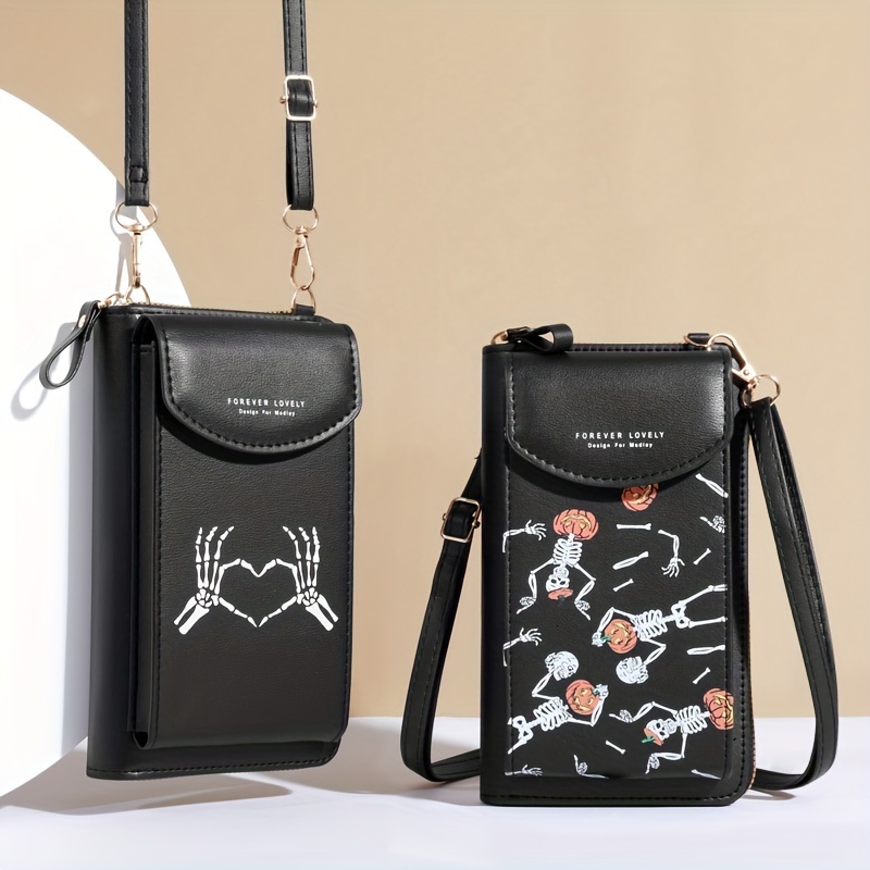Spooky Ghost Skull Crossbody Bag Halloween Zippered Style - Gothic Phone Purse With Secure Compartments For Fashion Witches