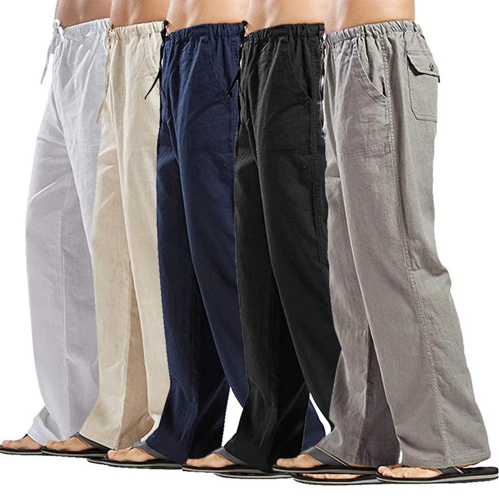 Summer Linen Mens Breathable Loose Lightweight Straight Pants with Multiple Pockets Solid Color Trouser Mens Linen Sports Pants 241219