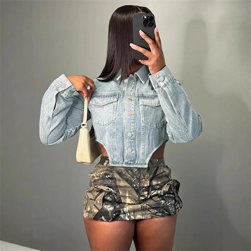 Fashionable womens cut denim jacket unique n hollow side suitable for regular style in all seasons 241211