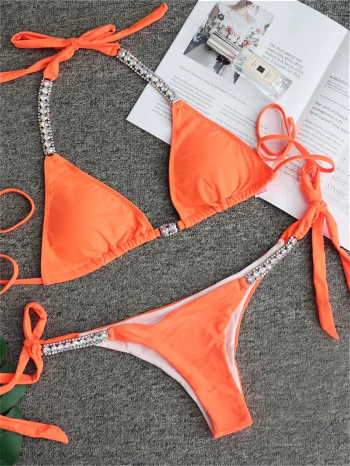Luxury Rhinestone Bikini Women 2025 Sexy Orange Yellow Crystal Diamond Push Up Thong Swimsuit Beach Bathing Suit Tanga SwimwearXJ241223