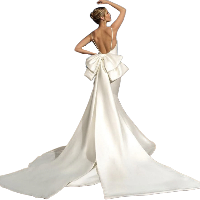 Spaghetti Backless Mermaid Wedding Dresses With Bow Back Simple Boho Beach Long Satin Bridal Gown 2025 Ivory White Vestido De Novia