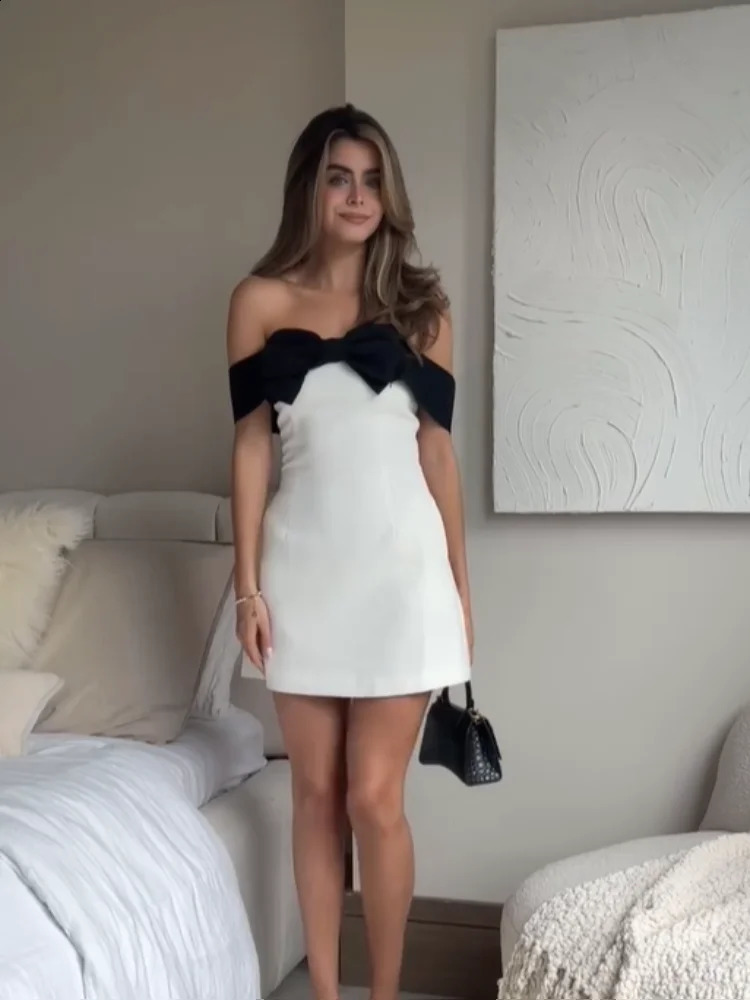 Womens Fashion Black and White Contrast Bow Mini Dress Elegant Long Sleeve High Waist Slim Fit Vestdos Womens Street Dress 241223