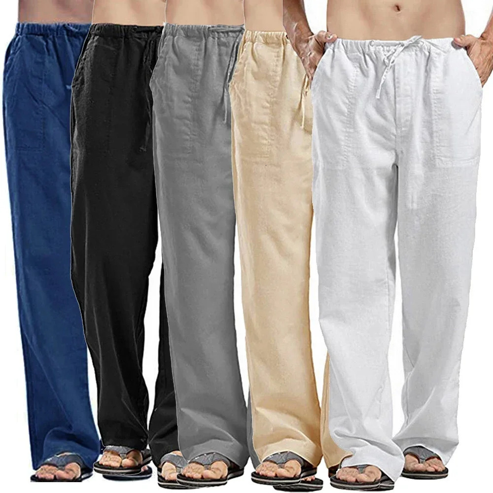 Summer Linen Mens Breathable Loose Lightweight Straight Pants with Multiple Pockets Solid Color Trouser Mens Linen Sports Pants 241219