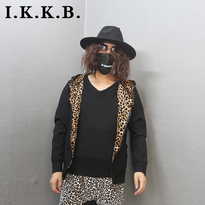 Early autumn slim dark solid cardigan sweater hooded European and American trend casual mens versatile coat Leopard Print 241223