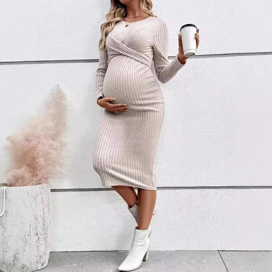 Maternity Dress Fashion Pregnancy Clothes Long Sleeve Temperament Slim Solid Color Knit Maternities Dresses One-piece Skirt 241223