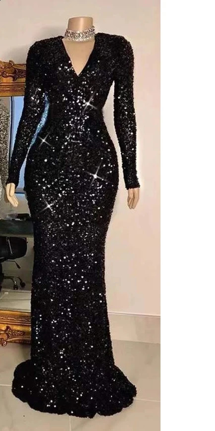Customized Women Gray V Neck Long Sleeve Sequin Dress Elegant Evening Dress Party Maxi Dress Ladies Trailing Dresses 241217