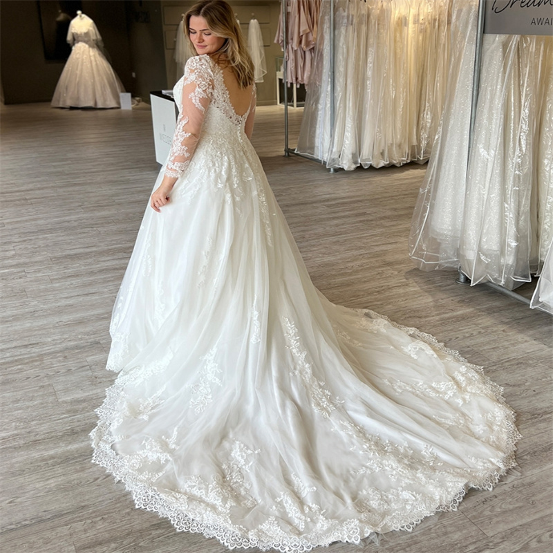Plus Size Wedding Dresses O Neck Long Sleeve Lace Country Bridal Gowns Backless Sweep Train Farm A Line Robe De Mariage 2025 Vestio De Novias Bohemian