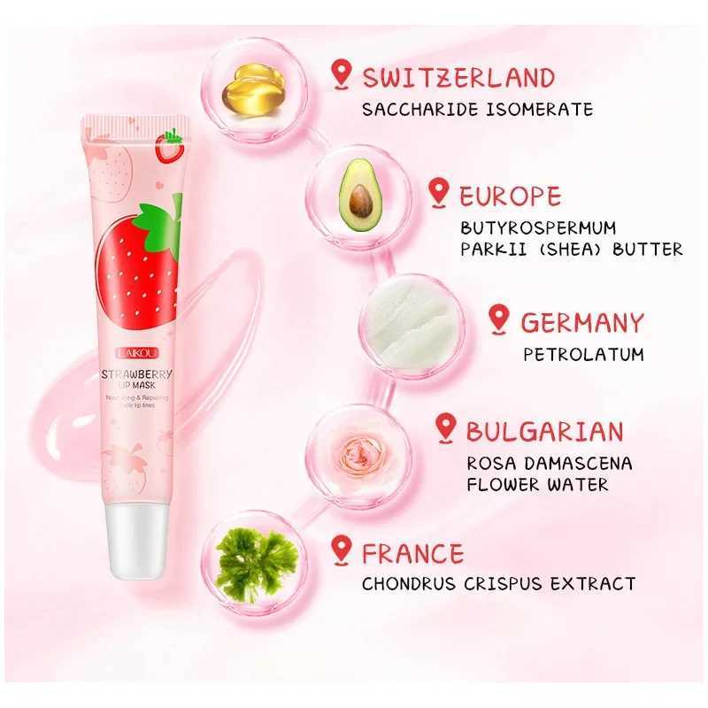 LAIKOU Strawberry lipstick Sleep facial mask Moisturizing Lip Gloss Bleaching Cream Nourishing Lip Care 18gW241223
