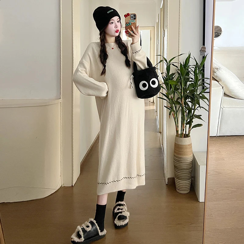 X68269# Pregnancy Dress Maxi Dress Plus Size Thicken Loose Women Korean Style Sweater Soft Knitted Women Pregnant Dresses 241223