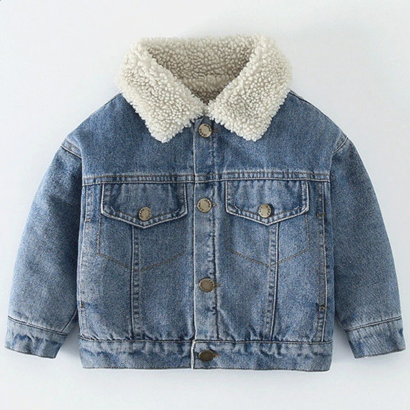 Winter Kids Fleece Denim Jacket Boys Thick Outerwear 0-7Y Young Children Casual Clothes Autumn Girl Long Sleeve Solid Coats 241223