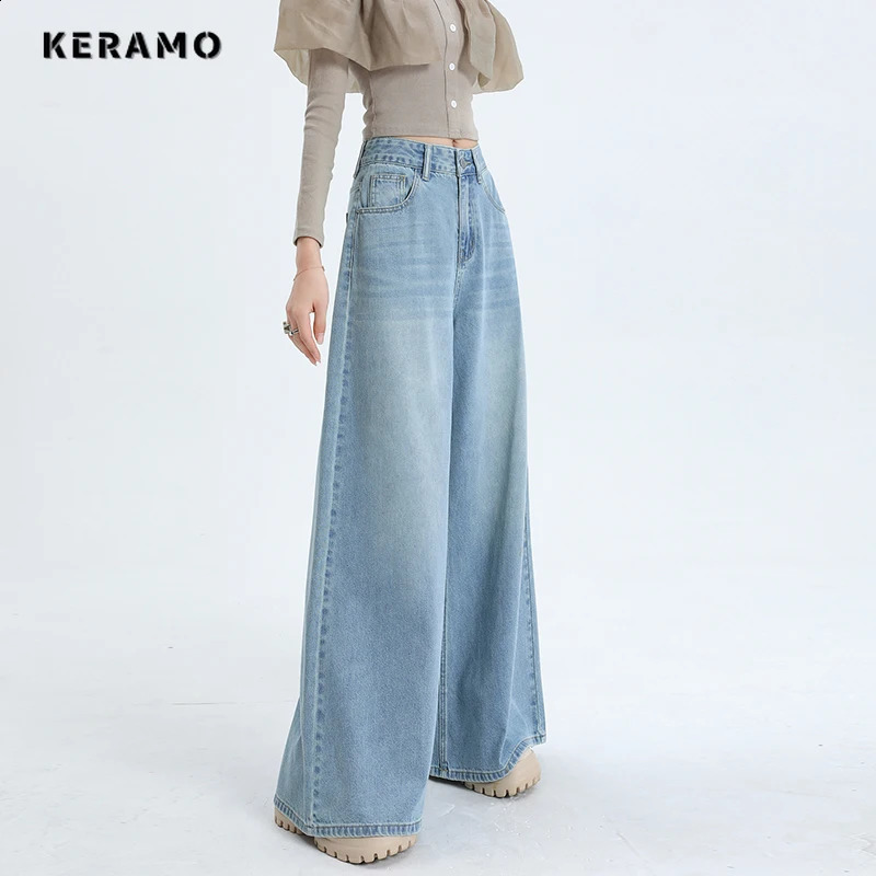 American Retro High Waist Oversized Jeans Pants For Women Casual Baggy Y2K Wide Leg Grunge Streetwear Blue Denim Trouser 241218