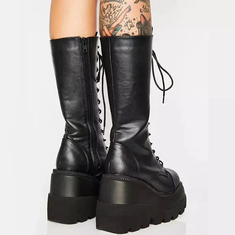 Winter Women Boots Mid-calf Wedge High Heel Platform Lace Up Zip Ladies Pumps Female Punk Gothic Motorcycle Black Round Toe Shoe 241213
