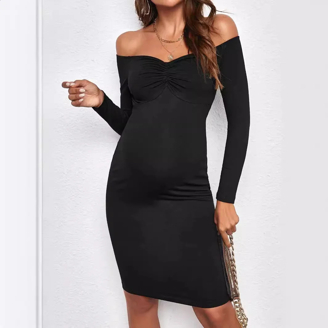 Pregnancy Dresses Line Neck Maternity Dresses Tight Skirt Poshoot Maternity Strapless Pleated Long Sleeve Women Dress Clothes 241223