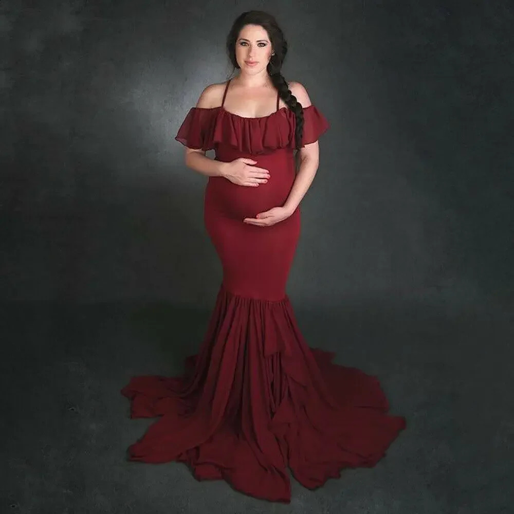 Womens Ruffle Lace Off Shoulder Maternity Dress for Pography Baby Shower Flounce Floral Mermaid Gown for Po Shoot 241223