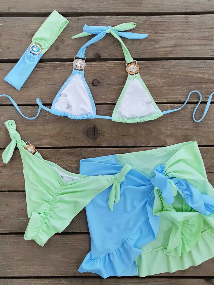 Sexy Skirt 4 Pieces Bikini Set Women Luxury Blue Patchwork Rhinestone Push Up Cover Up Swimsuit 2024 Beach Bathing Suit SwimwearXJ241223