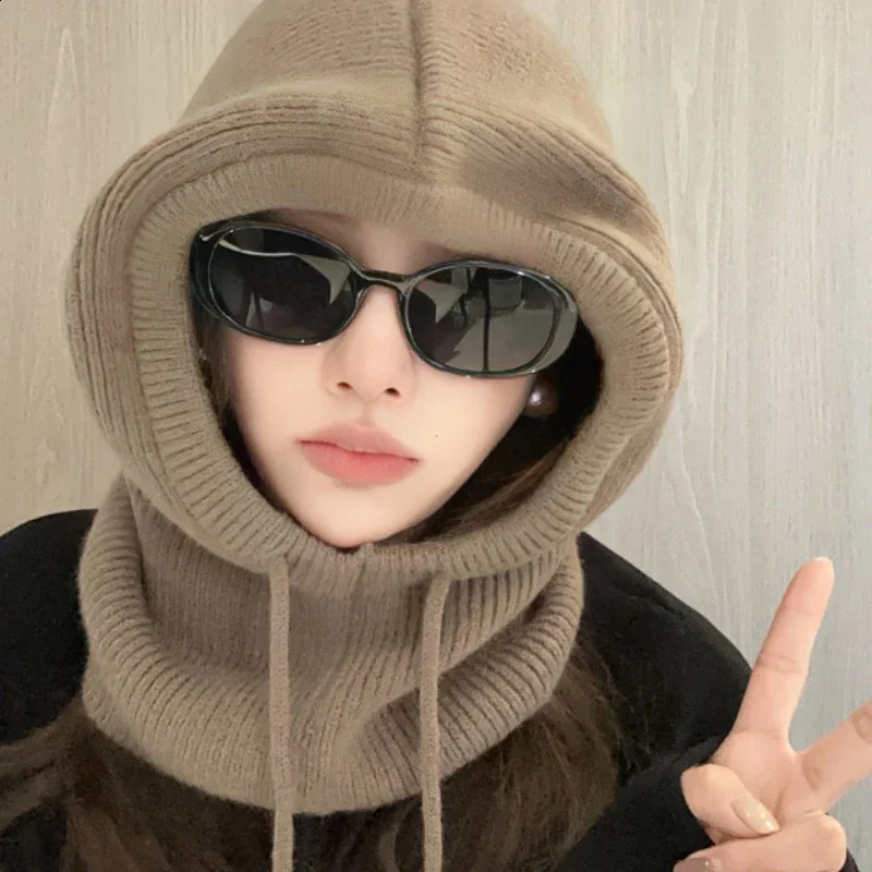 Knitted Hooded Caps Winter Balaclava Hats Women Korean Style Outdoor Warmer Drawstring Hats One-piece Neck Collar Beanies Cap 241214