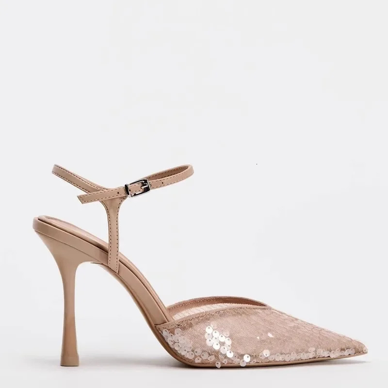 Mesh Thin high Heeled Sandal Sexy Pointed Toe Bling Pumps Beige Open Heel Ankle Strap Wedding Party Shoes 241213