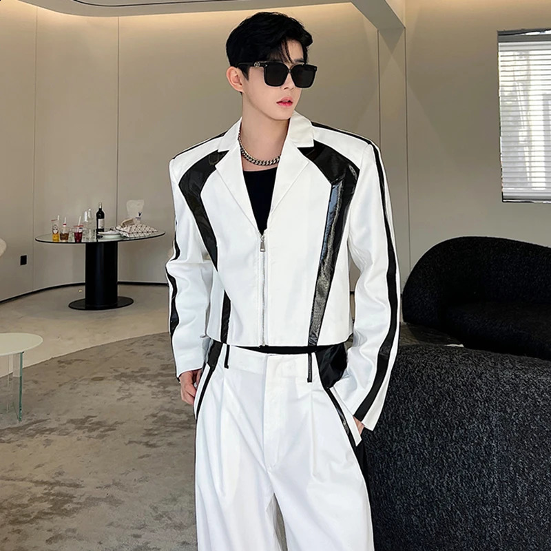 LUZHEN Korean Sets Niche Male Blazers Pu Leather Spliced Suit Coat Wide Leg Suit Pants Two Piece Mens Wear E92e01 241223