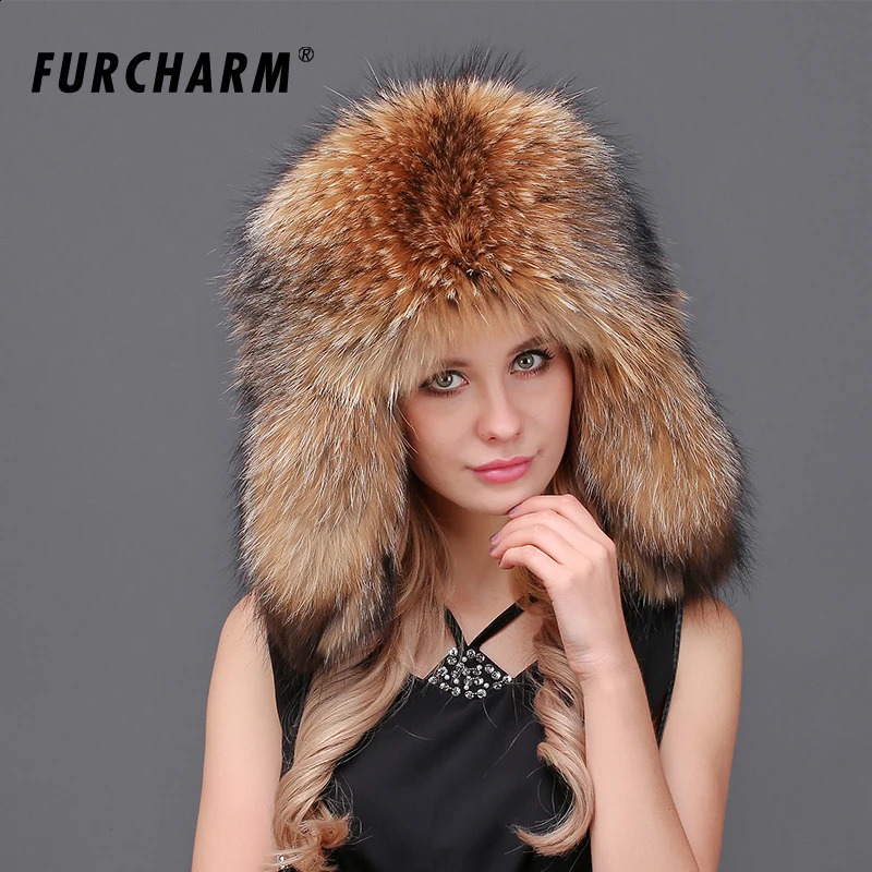 Womens winter hat with ear flaps 100% genuine fur Leifeng hat super warm hat with a luxurious raccoon fur top 241220