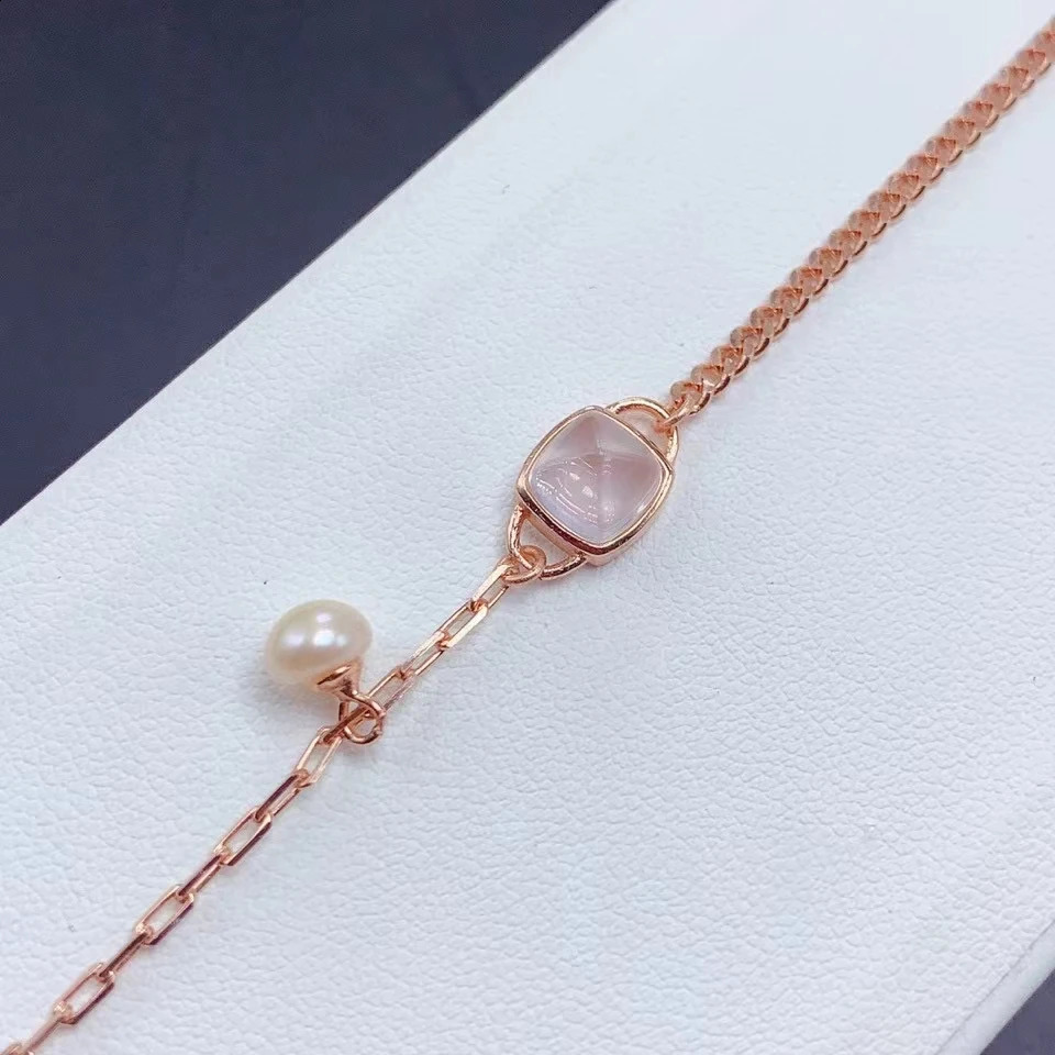 Natural Rose Quartz and Pearl Bracelet for Daily Wear 6mm 1ct Natural Rose Quartz 925 Silver Bracelet with Gold Plated 241220