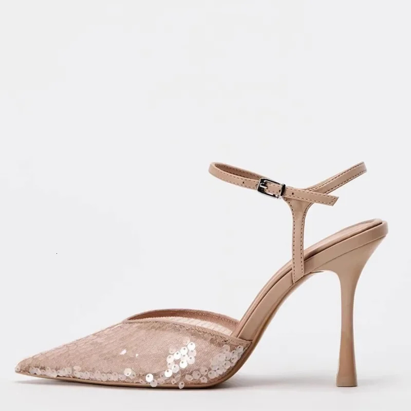 Mesh Thin high Heeled Sandal Sexy Pointed Toe Bling Pumps Beige Open Heel Ankle Strap Wedding Party Shoes 241213