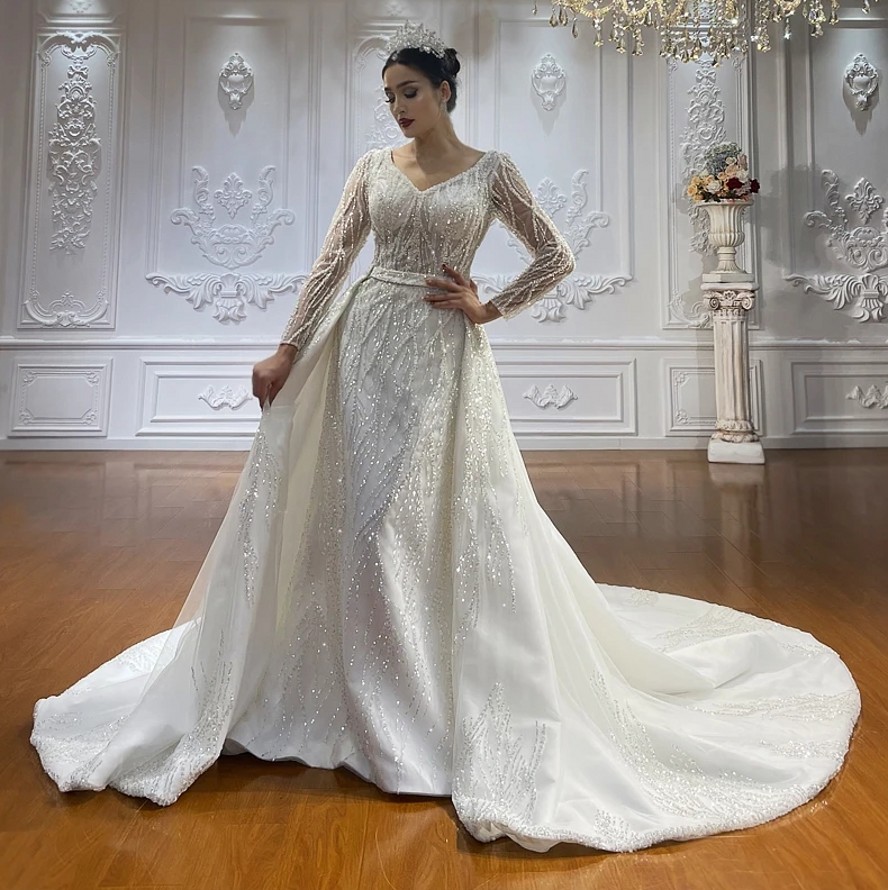 Sale Hot Mermaid Wedding Dresses With Detachable Train V Neck Beaded Pearls Embroidery Bridal Bride Gown Arabic Dubai Vestidos Noiva Robe De Mariee es