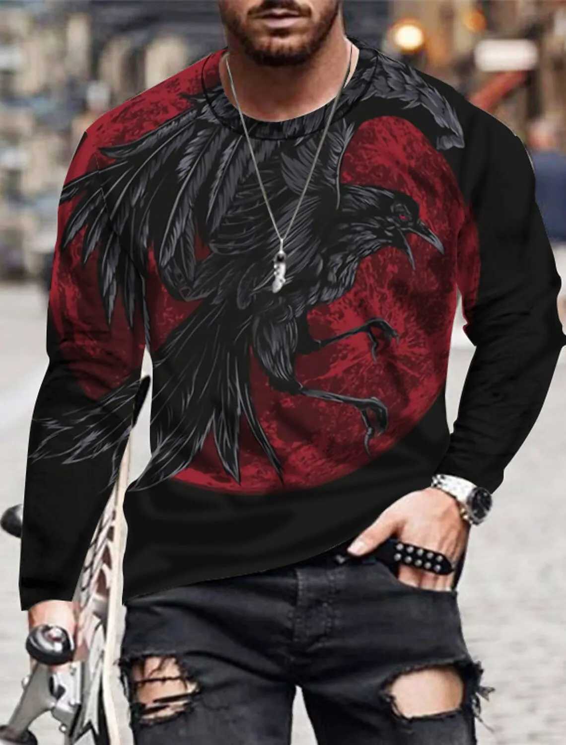 Retro mens long sleeved eagle pattern 3D printed outdoor street long sleeved sports fashionable long sleeved casual oversized top M241223