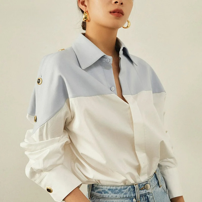 2025 New High Quality Splicing Color Contrasting Long Sleeve Business Shirt Commuter Women's Wear