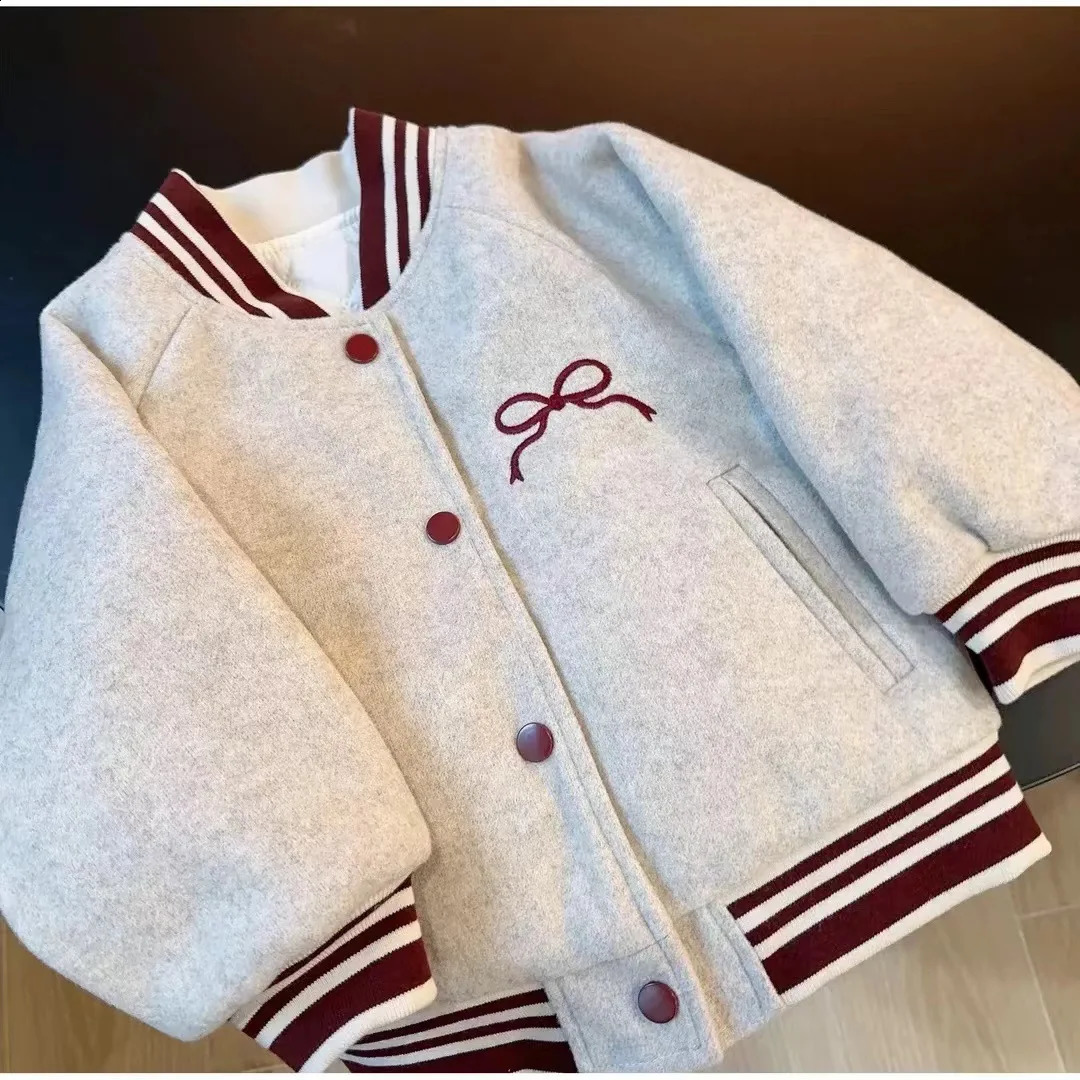 Children Girls Outerwears Coat Autumn Winter Cotton Padded Thickened Kids Girls Baseball Jacket Bow Striped Baby Girl Coat 241223
