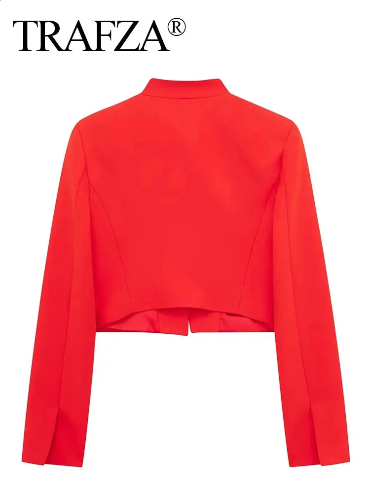 TRAFZA Women Red Slim Cropped Coat Casual Stand Collar Long Sleeve Jacket Vintage Solid Woman Fashion Y2k High Street Outerwear 241223