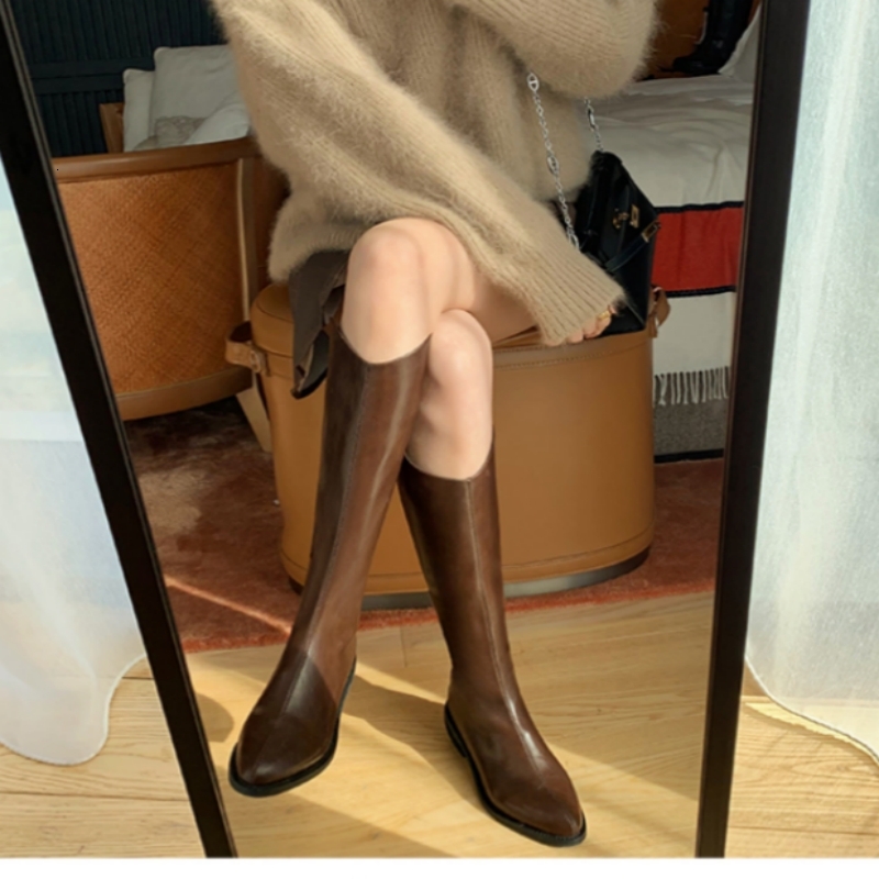 Winter New Pointy Mid-Heel Knee-High Back Zipper Solid Color Heightening Car And Veet Fashion Elegant High Boots