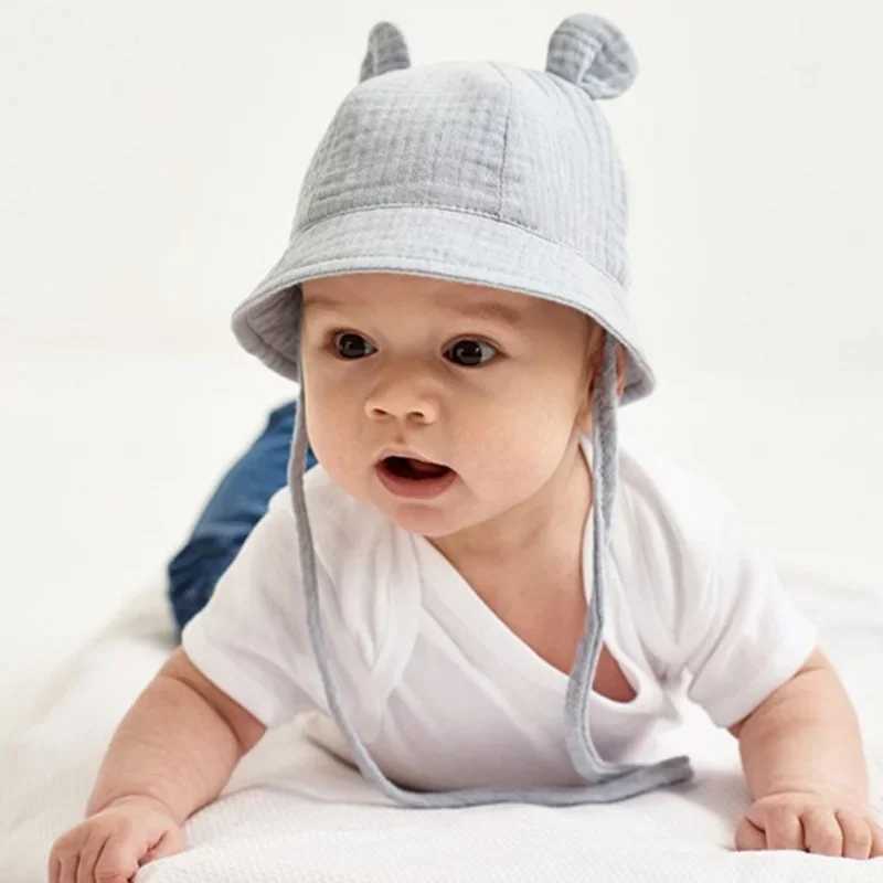 Caps Hats Spring and Autumn Solid Color Soft Baby Bucket Hat Cotton Fishermans Hat Childrens Summer Preschool Boys and Girls Panama Sun Hat H241223