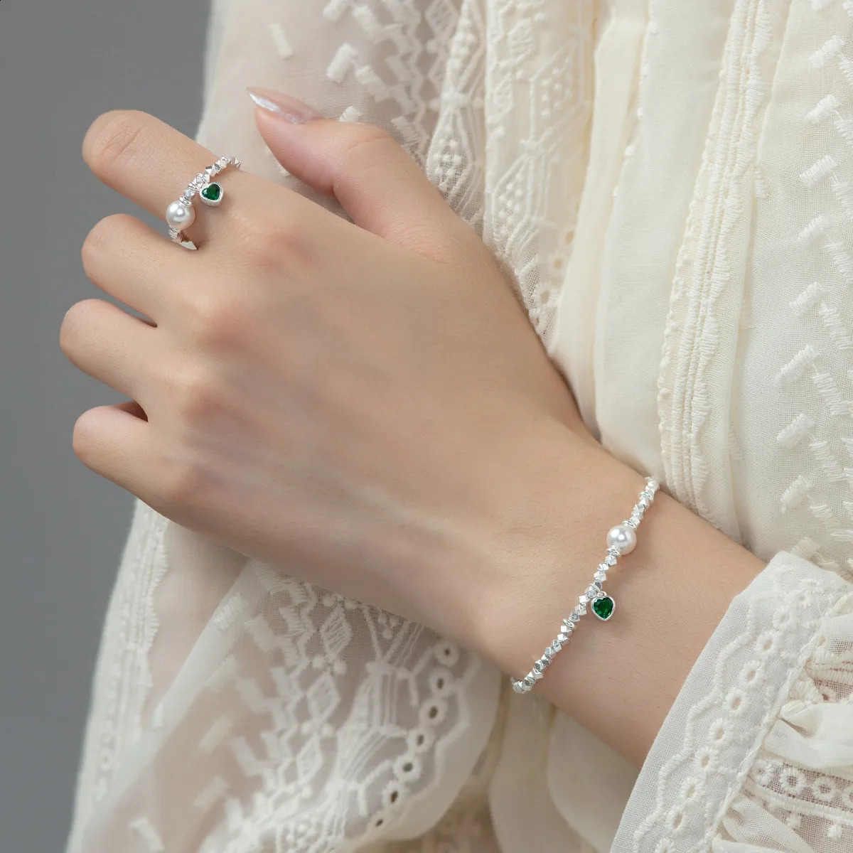164cm Synthetic Pearls Bracelets For Women Silver 925 Sterling Green Heart Square Silver Bead 925 Silver Womens Bracelet 241220