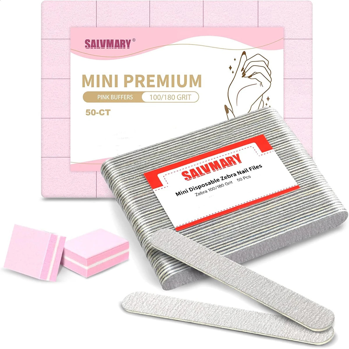 50 Pcs Disposable Zebra Nail Files 100/180 Grit and 50Pcs Pink Mini Nail Buffer Blocks Bundle For Nail Care 241223