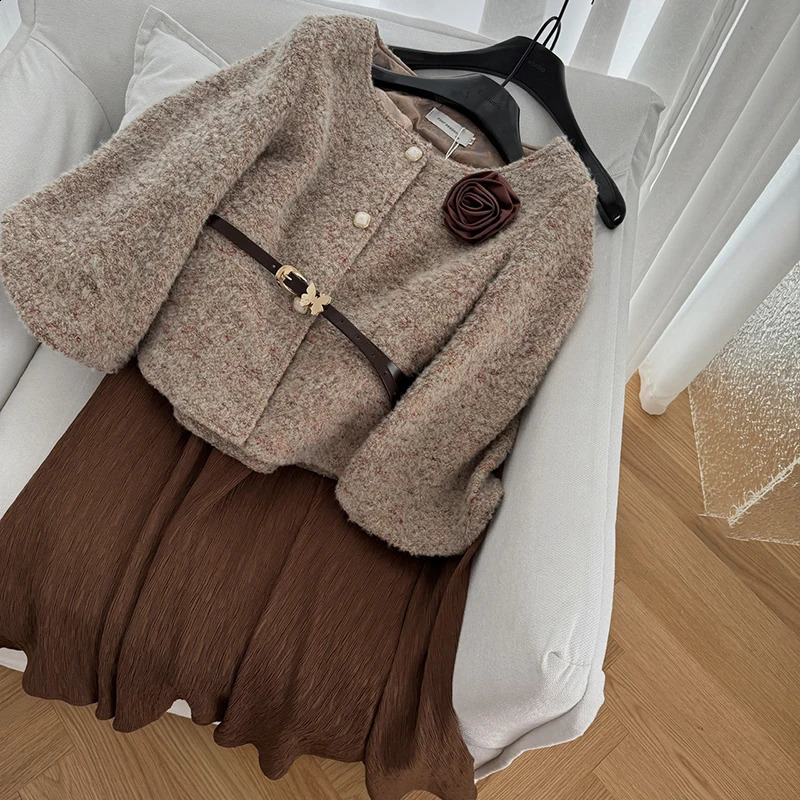 LUZHEN Elegant Solid Color Three-dimensional Loose Lamb Wool Coat Womens Fashion Fold Long Skirt AA2592 241220