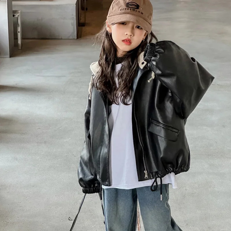 Girls Leather Jacket Hooded Jacket Autumn Stylish Children Clothing Long Sleeved Jacket Top for Baby Girls 241223