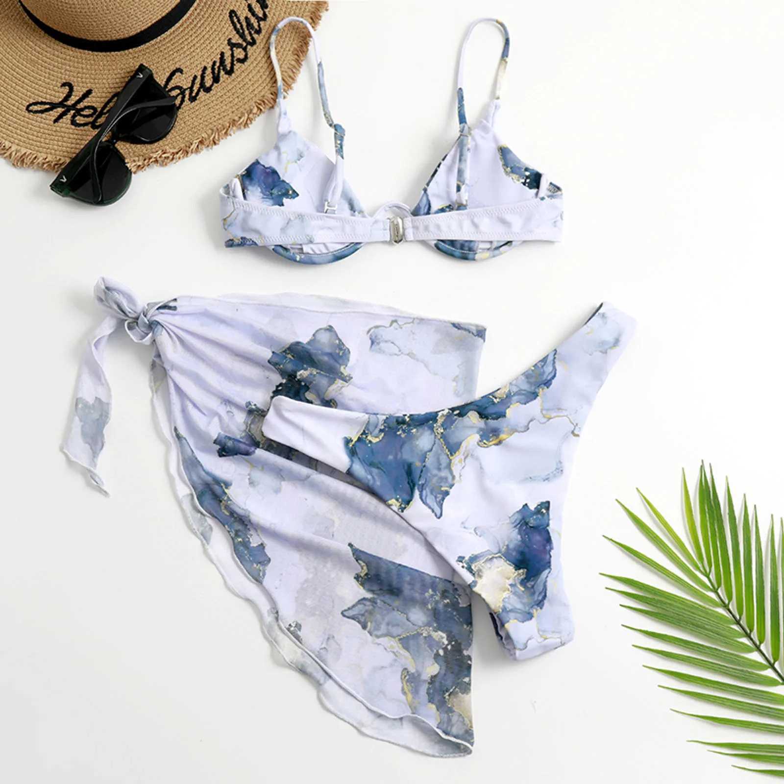 WomenS Swimsuits High Waisted Split WomenS Three-Piece Swimsuit Bikini Tie-Dye Printed Sexy -Tie Chiffon Swimwears XJ241223