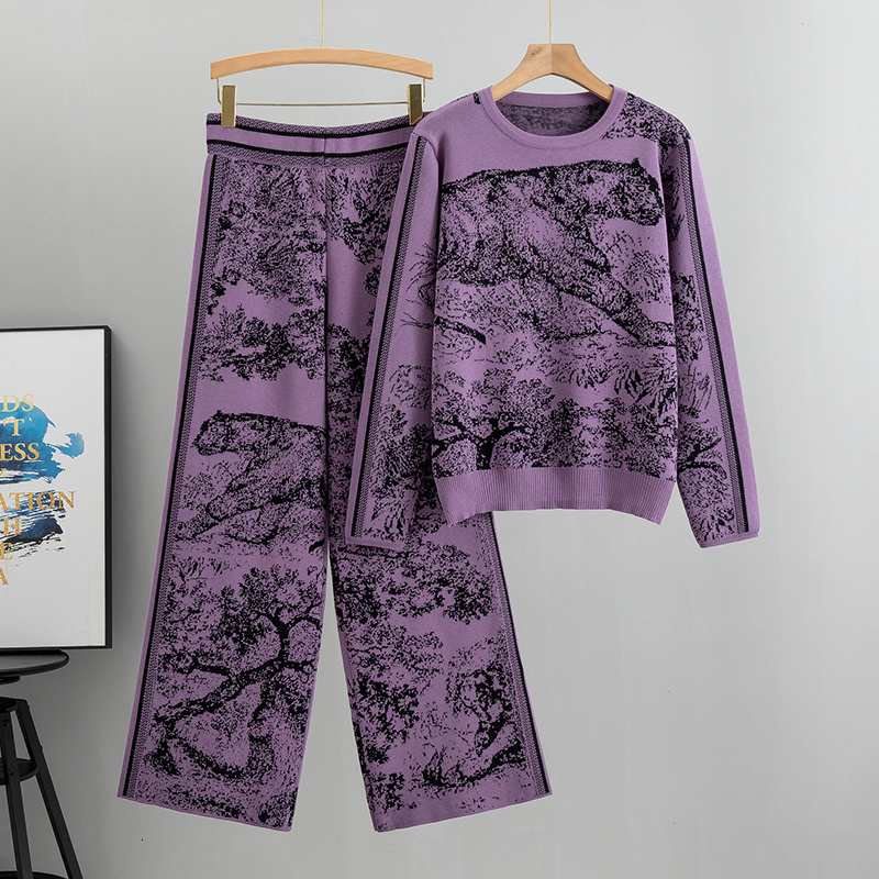 Elegant 2 Pieces Set Knitted Animal Print Sets Women O Neck Sleeve Knitwear+Wide Leg Long Pants Casual Fashion Spring 2023