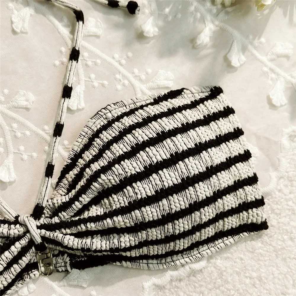 Striped Print String Halter Bandeau Bikinis Sets Sexy Swimsuit 2024 Women Ruched Swimwear Bathing Suit Brazilian Bikini MujerXJ241223