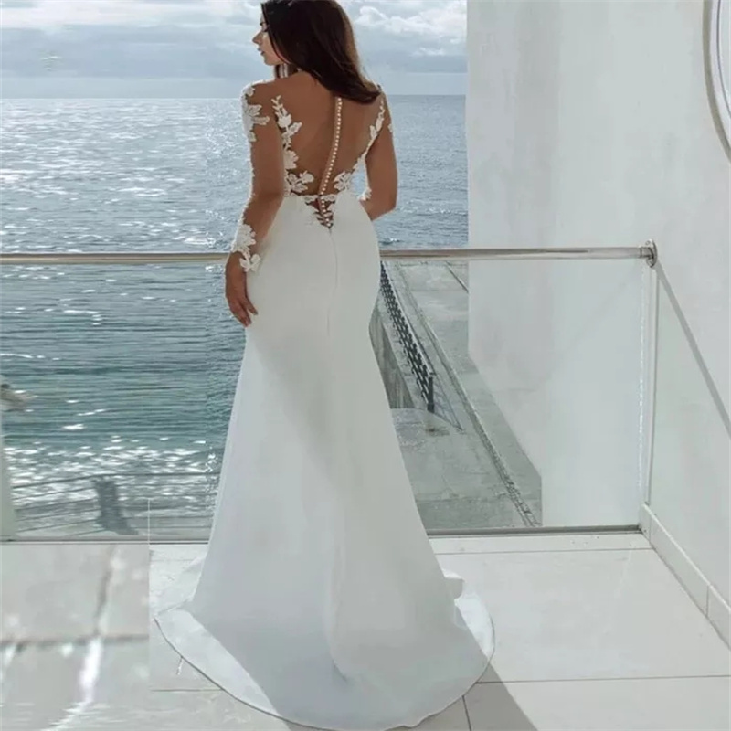 Simple Mermaid Wedding Dress Illsuion Lace Summer Beach Bridal Gowns Long Sleeve Satin Country Garden Bride Dress Gelinlik Vestio De Novia 2025 Robe D