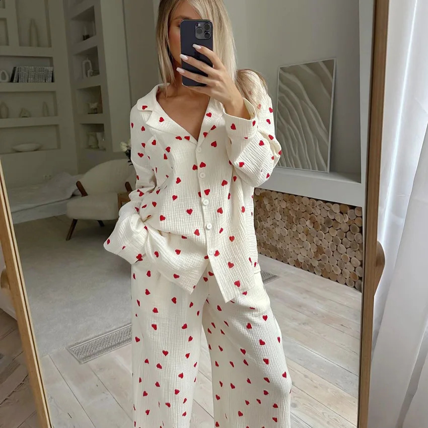 Summer Love Heart Print Pyjama 100% Cotton Long Sleeve Set 2Pcs Outfit Lapel Sleepwear Button Down Womens Pajamas Nightwear 241217