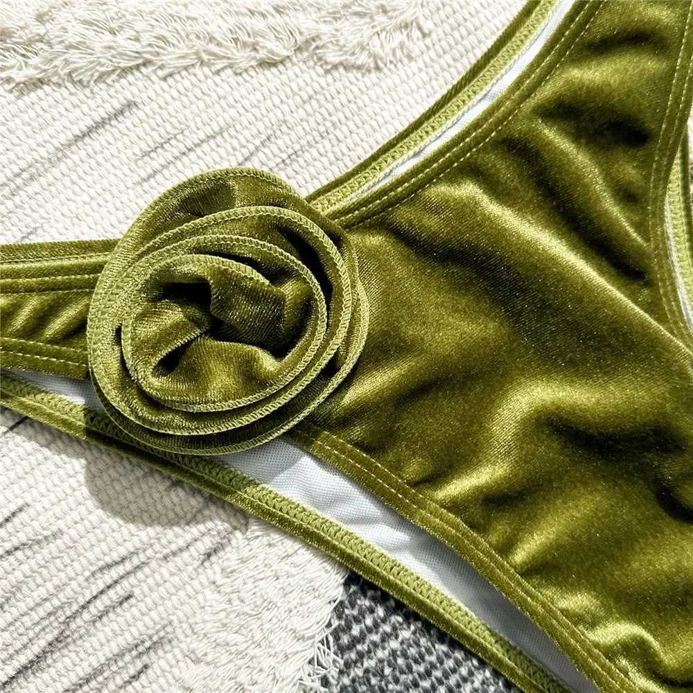 Sexy Green Velvet 3D Flower Swimwear Push Up Bikinis Sets Swimsuit 2024 Women Underwired Bathing Suit Thong Bikini Mujer BiquiniXJ241223