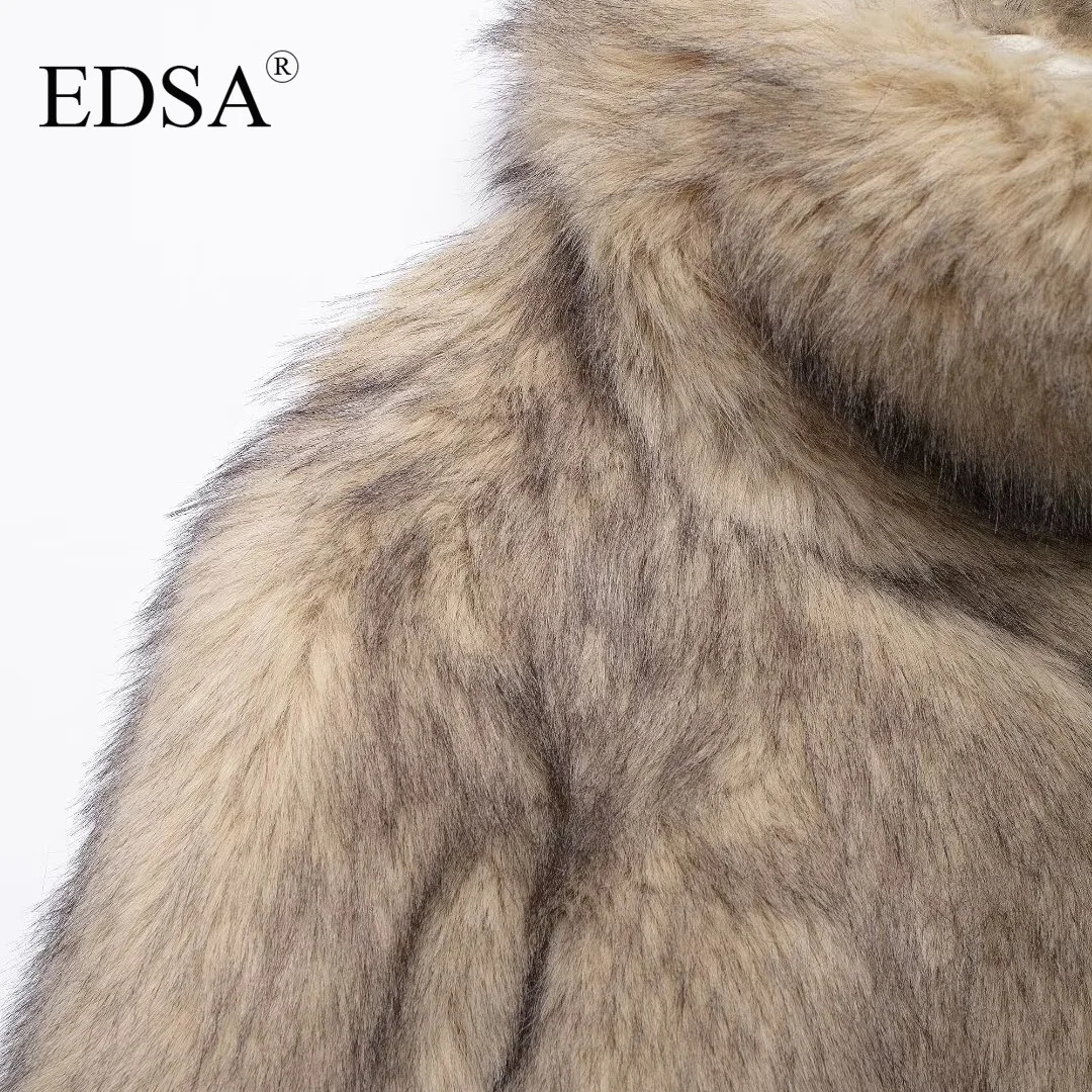 EDSA Womens Artificial Fur Khaki Zipper Sweatshirt Retro High Collar Long Sleeve Womens Fashion Womens Wear 241219