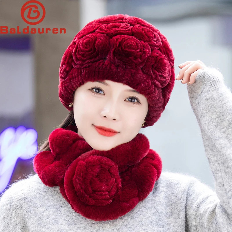Women Winter Fur Hat Scarf Sets Natural Warm Real Rex Rabbit Fur Cap Scarves Lady Knitted Genuine Fur Hats Muffler 241214