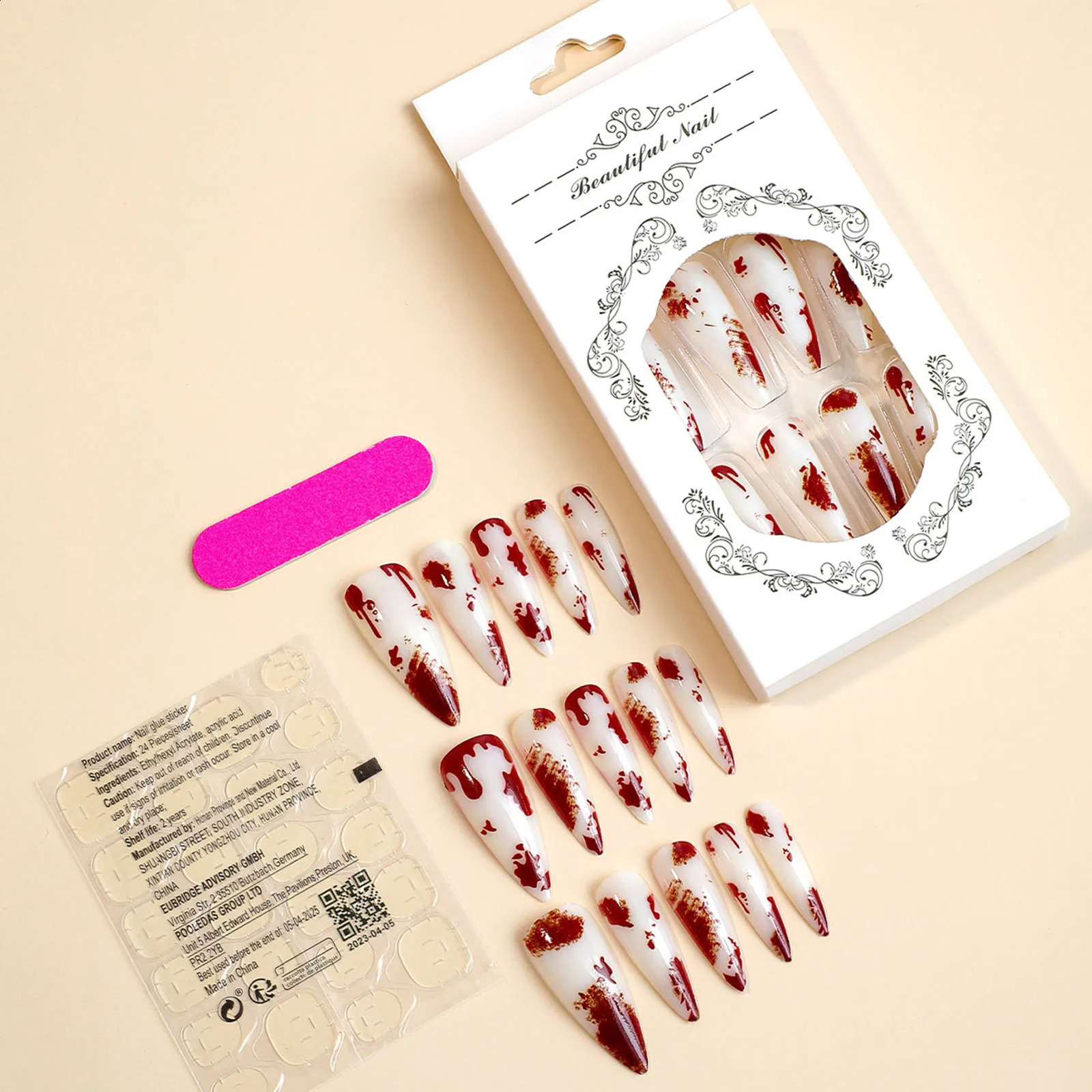 24pcs Long Pointed Halloween Nail Tips Bloodstain Decor Fake Nails Stiletto Press On False Nails Professional Manicure Nail Art 241223