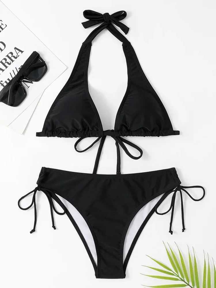 OIINAA Swimwear Women Sexy Halter Solid Bikini Set Drawstring Lace Up Swimsuit Bow Tie Biquinis Two-piece Bathing Suit SummerXJ241223